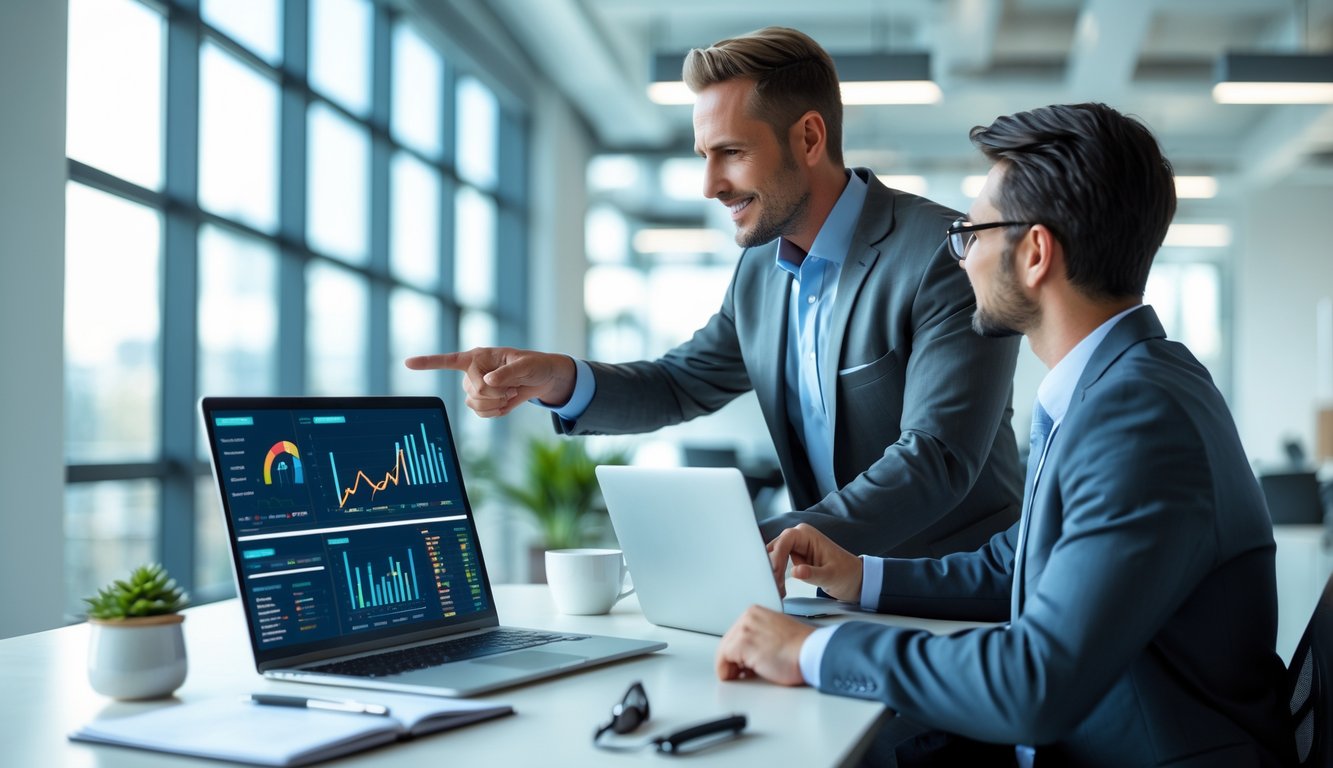 Dua profesional berdiskusi di kantor dengan laptop yang menampilkan grafik data, menunjukkan suasana kerja yang fokus dan produktif.