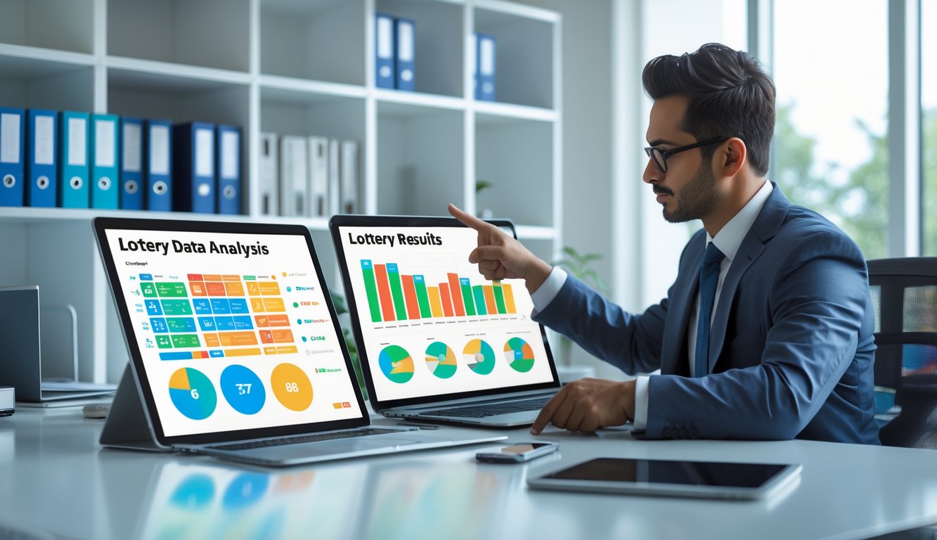 Seorang profesional sedang menganalisis data hasil togel di meja kerja dengan perangkat digital di ruang kantor yang terang dan rapi.