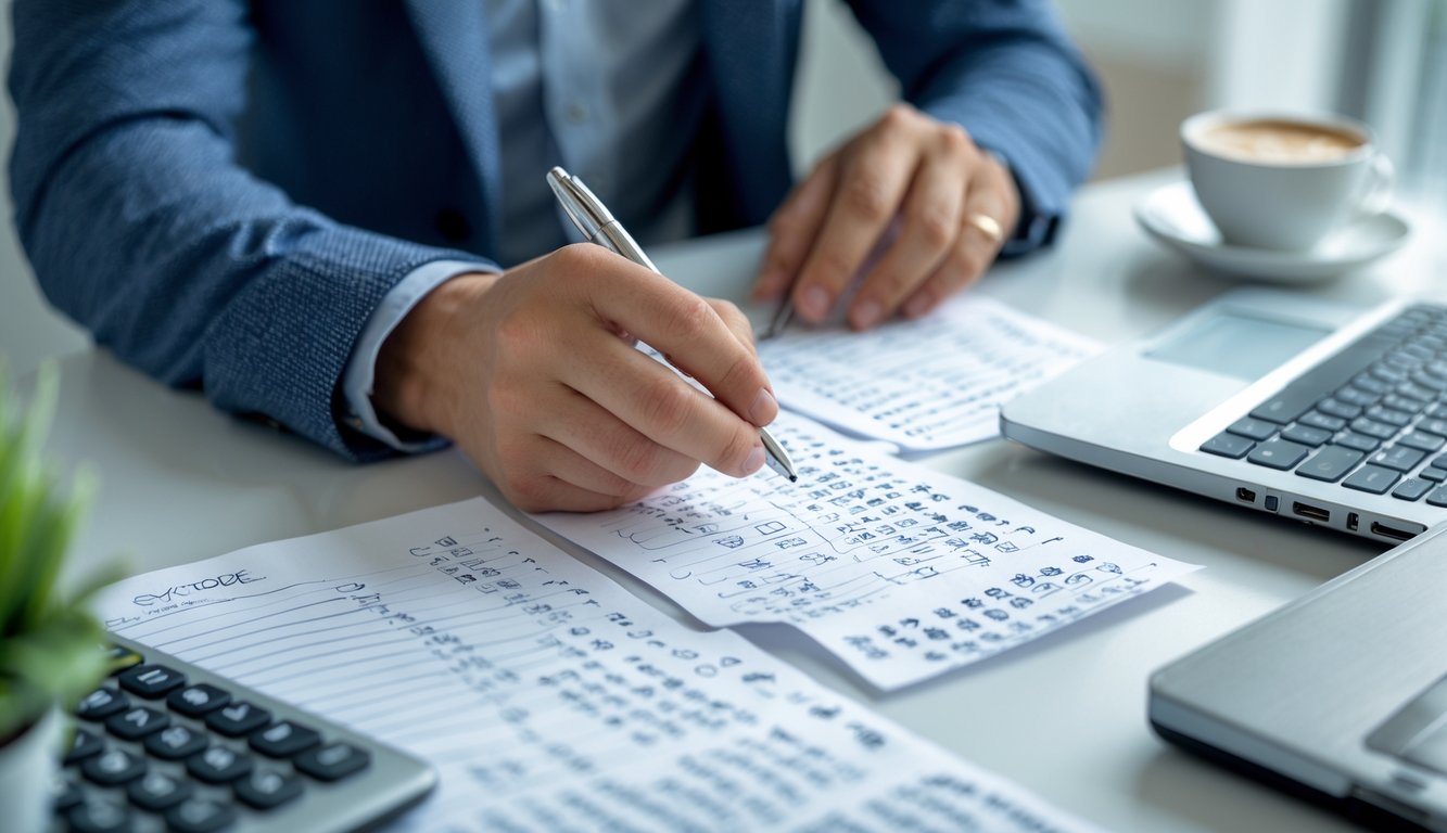 Tangan seseorang sedang menulis dan menganalisis angka pada kertas di atas meja kerja dengan laptop dan kalkulator.