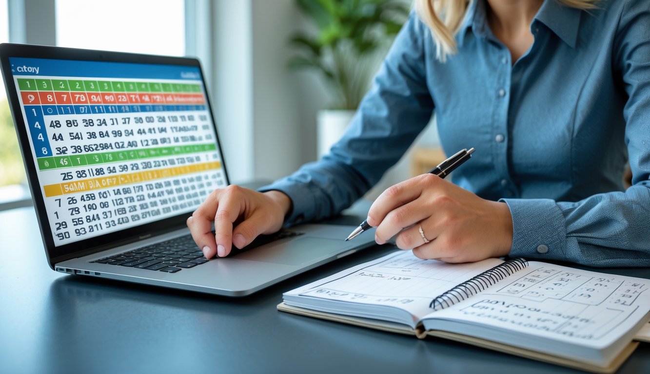 Seseorang sedang menganalisis angka togel di meja kerja dengan laptop, buku catatan, dan pena.