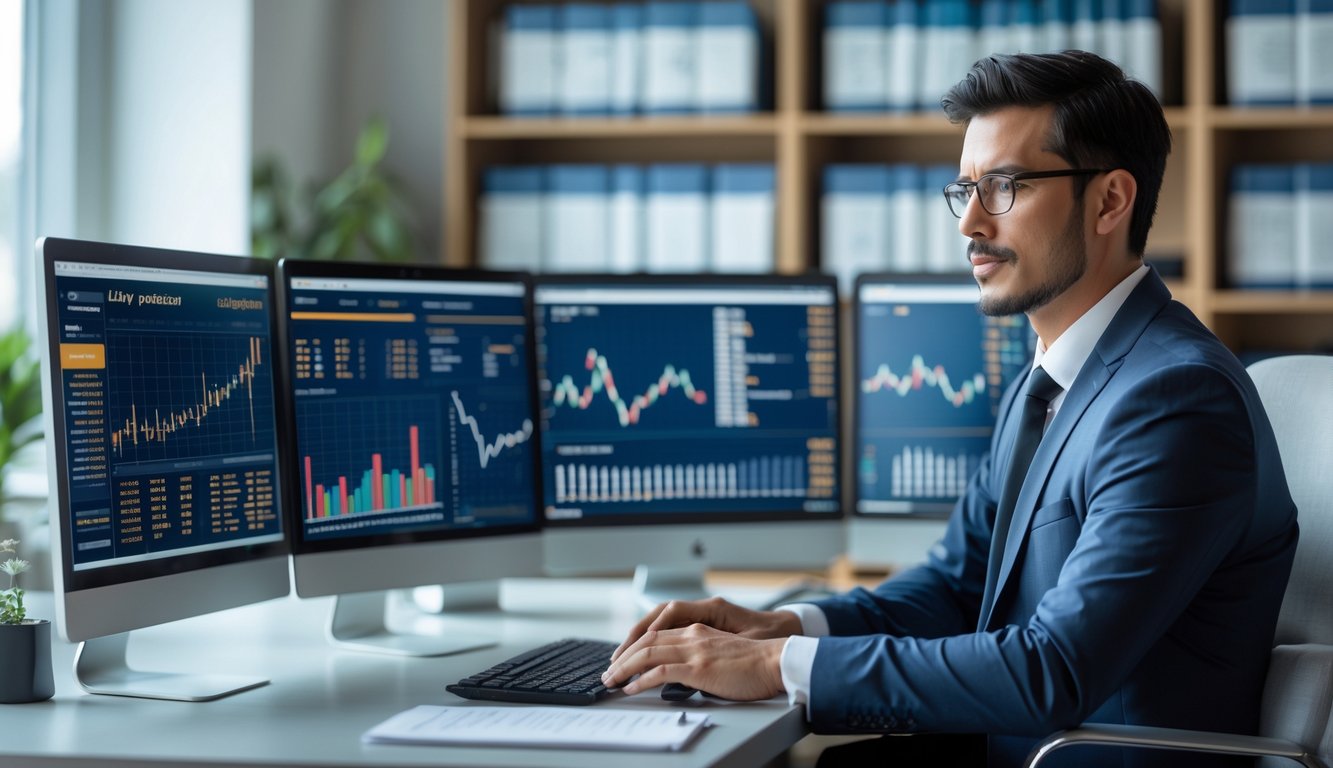 Seorang analis profesional sedang bekerja di meja dengan beberapa layar komputer yang menampilkan data dan grafik terkait prediksi angka togel.