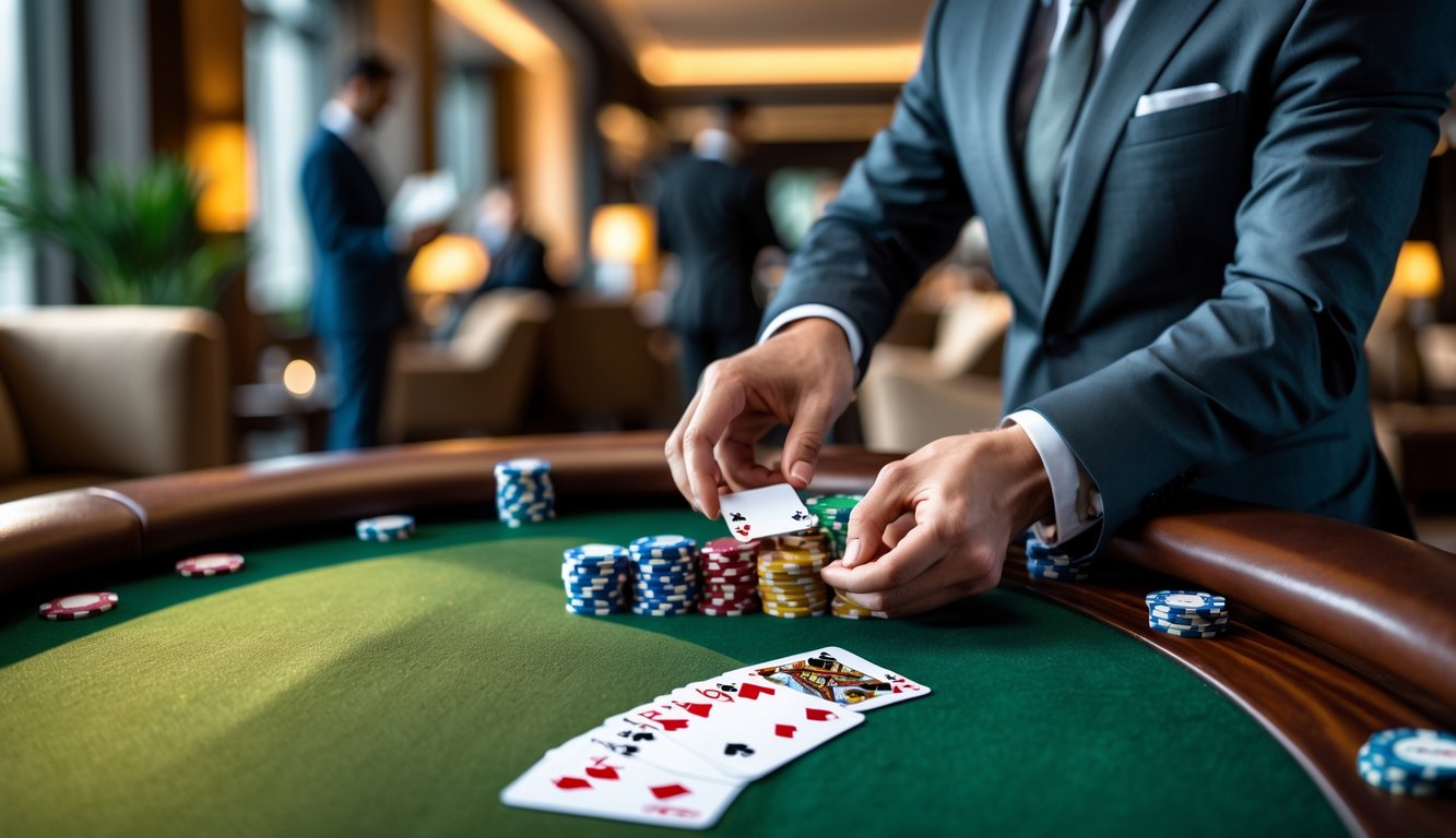 Meja poker dengan chip dan kartu yang sedang diacak oleh dealer di ruangan mewah.