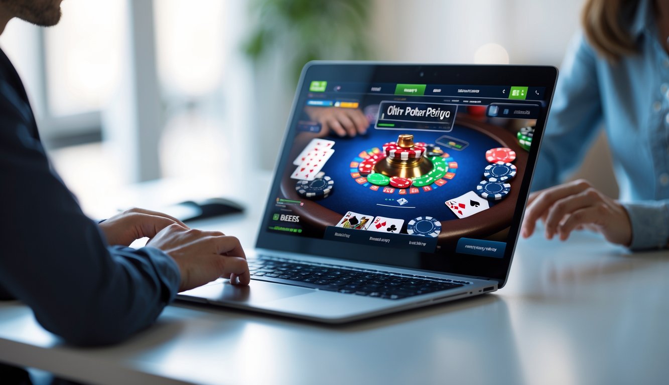 Seseorang sedang bermain poker online di laptop dengan tumpukan chip poker dan kartu di layar.