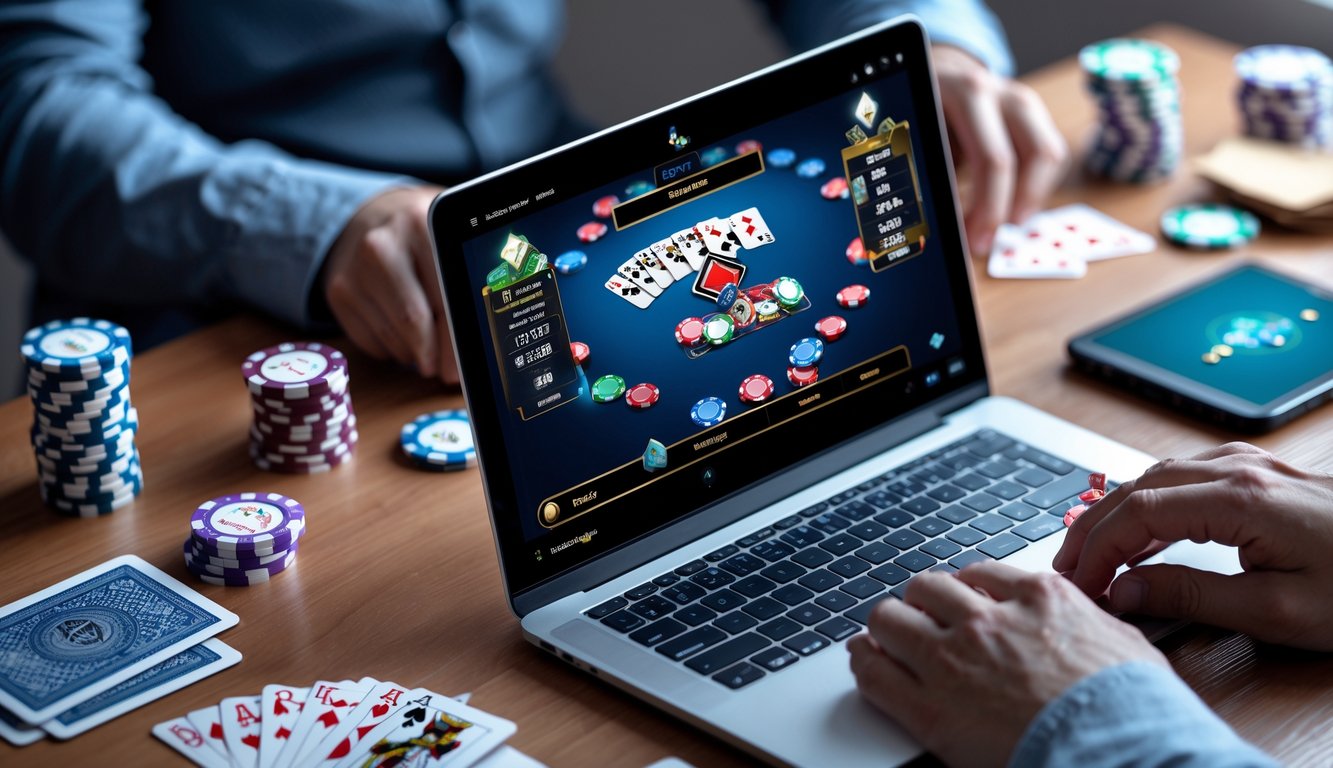 Seseorang sedang bermain poker online di laptop dengan chip poker dan kartu di meja kerja.