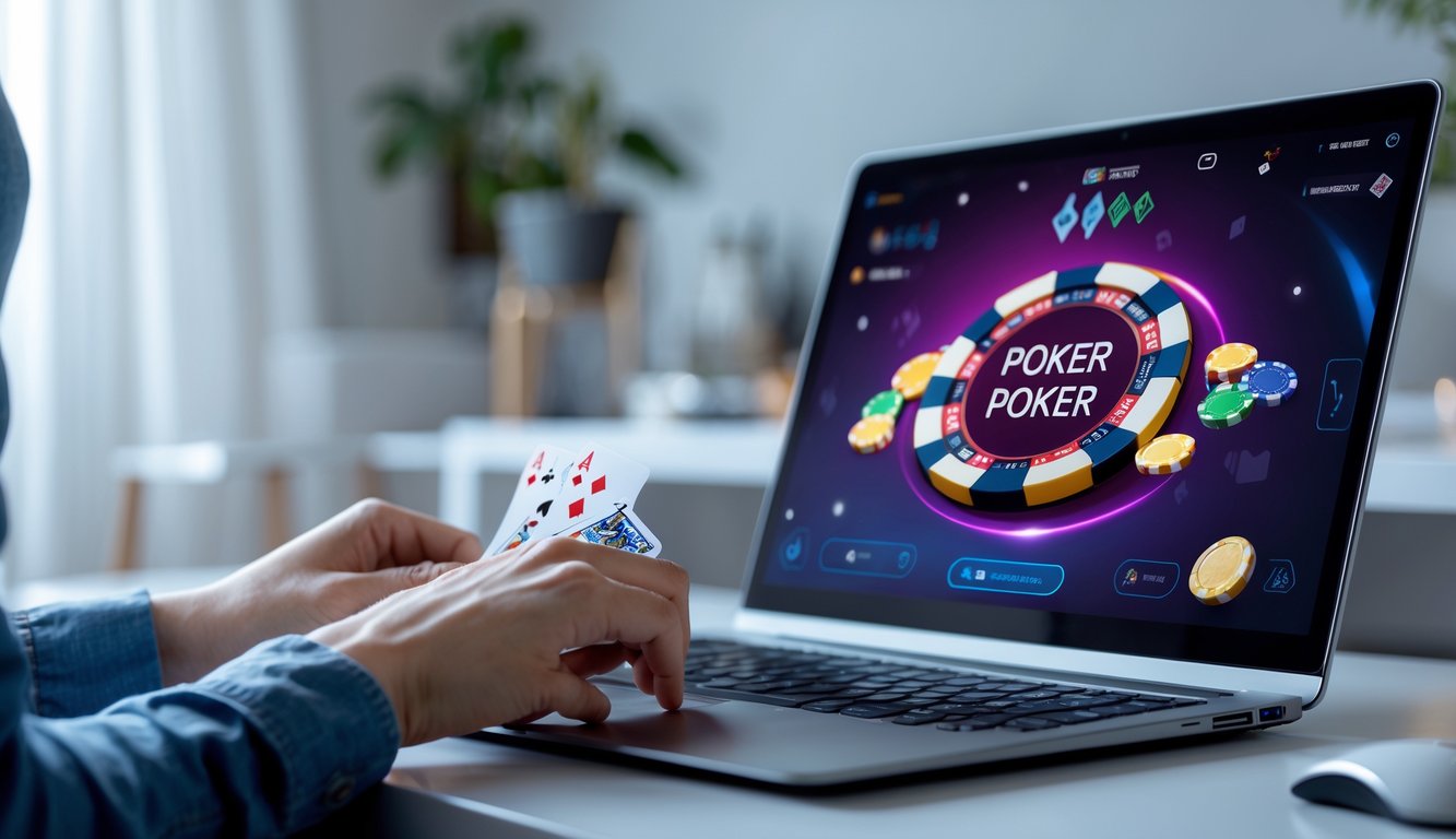 Seseorang bermain poker online menggunakan komputer di meja yang rapi dengan kartu dan chip poker terlihat jelas.