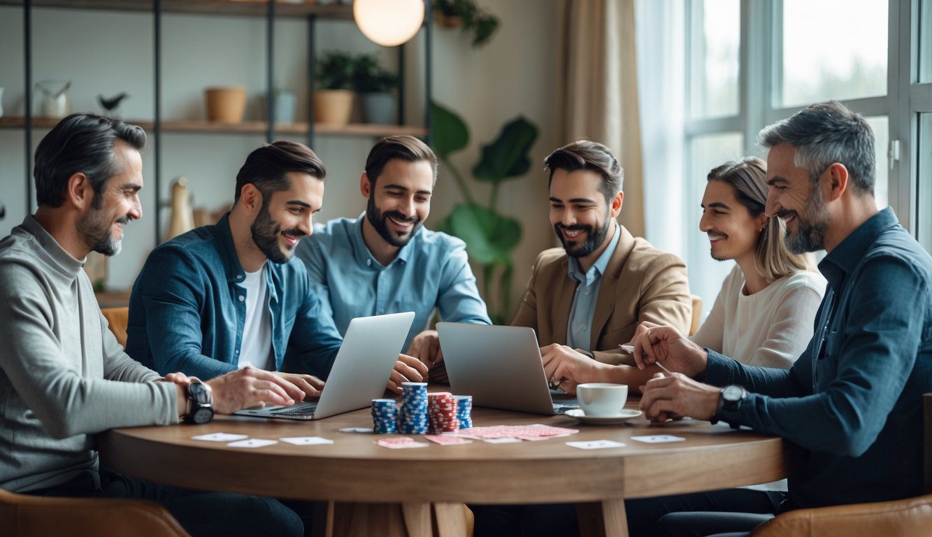 Sekelompok orang dewasa bermain poker online menggunakan laptop dan tablet di sebuah ruangan yang nyaman.