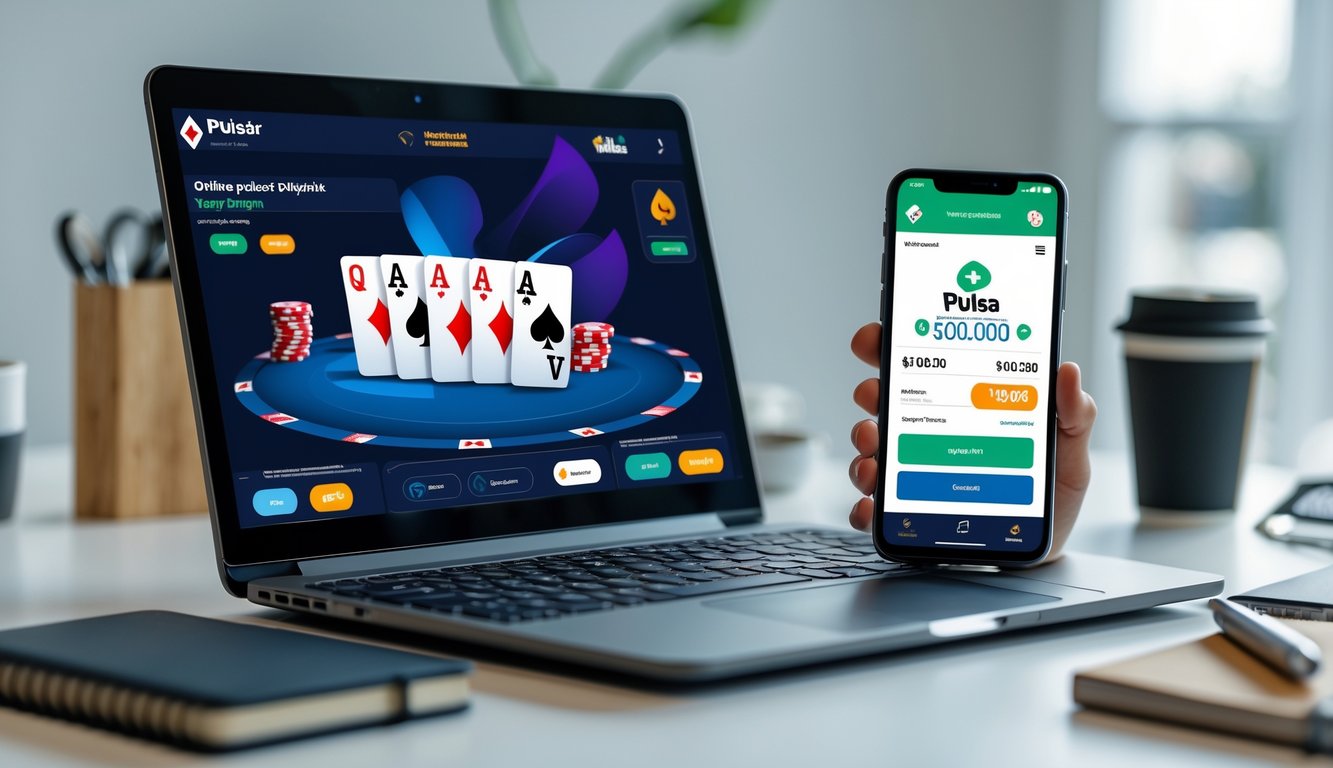 Seorang pengguna sedang bermain poker online di laptop dengan ponsel di samping yang menampilkan aplikasi pembayaran pulsa.