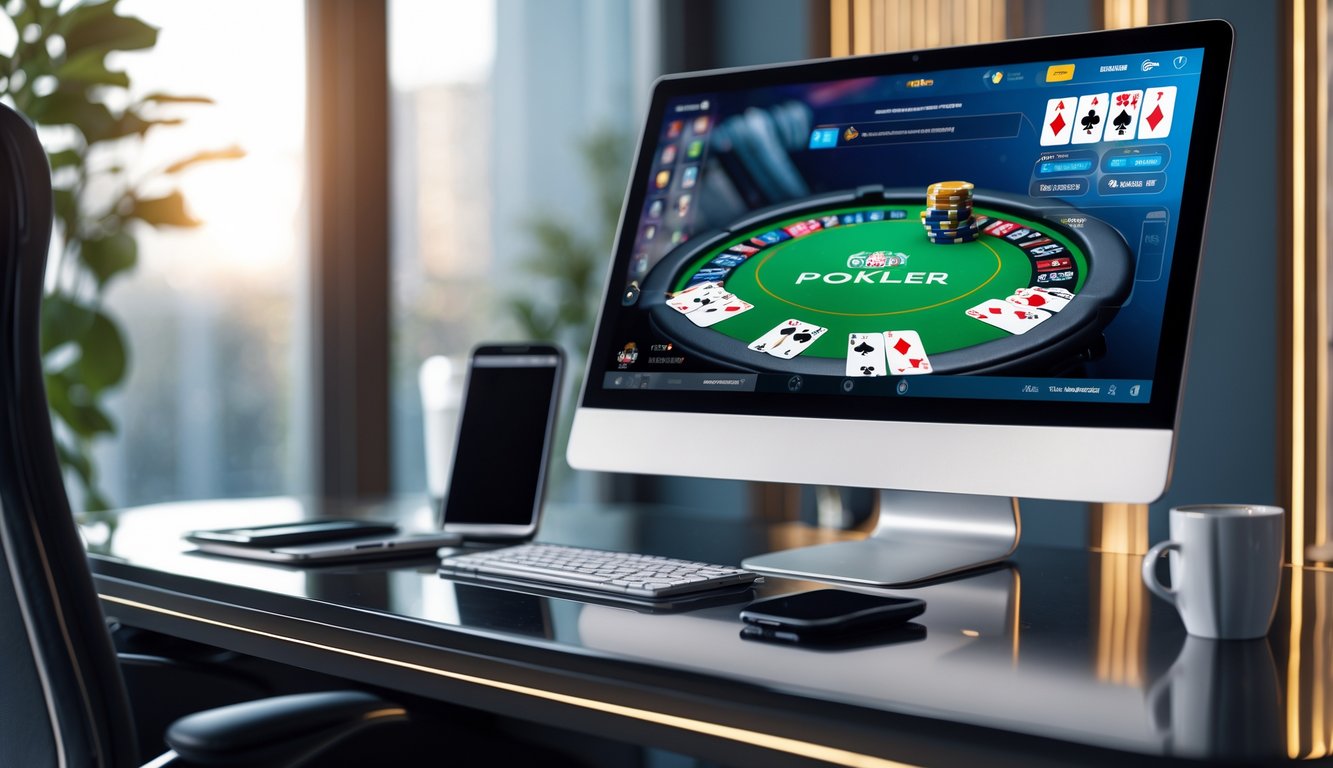 Sebuah meja kerja dengan komputer menampilkan permainan poker online, tumpukan chip poker, kartu, dan ponsel di sampingnya.