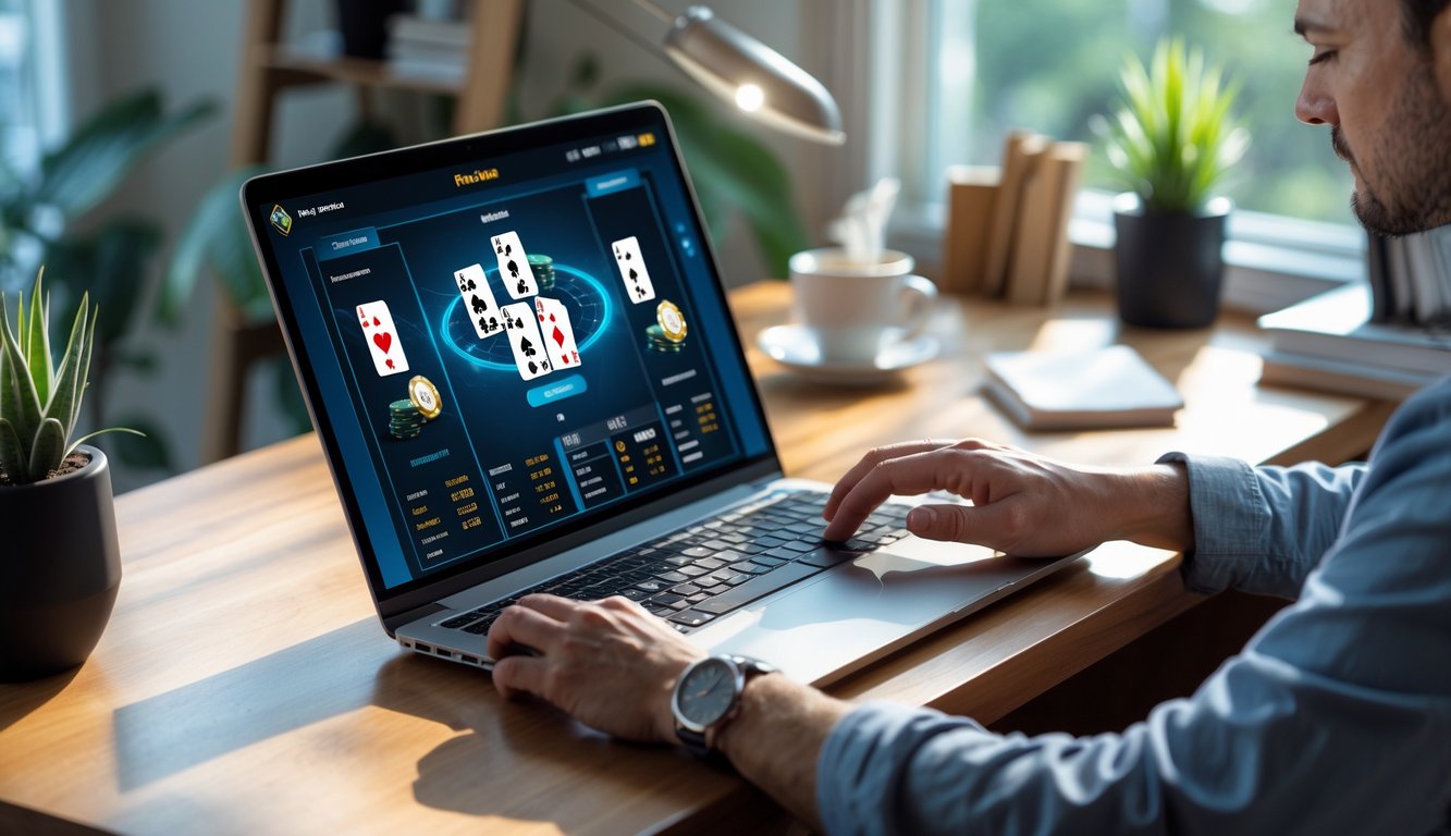 Seseorang sedang bermain poker online di laptop di ruang kerja rumah yang nyaman.