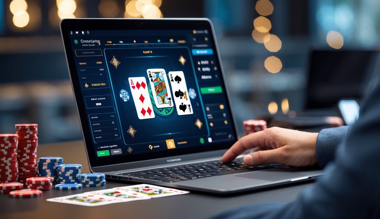 Meja kerja modern dengan laptop yang menampilkan permainan kartu online, kartu remi dan chip poker di sekitarnya, serta ponsel dengan aplikasi taruhan.