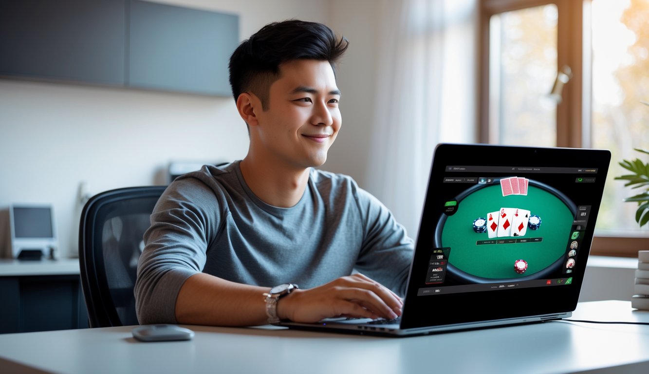 Seorang dewasa muda duduk di depan laptop dengan tampilan permainan poker online, tersenyum percaya diri di ruang kerja yang rapi dan terang.