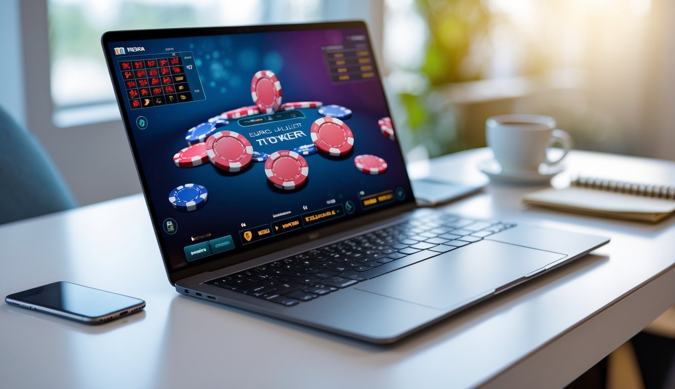 Seorang pria bermain poker online di laptop di meja kerja dengan chip poker dan kartu, di sampingnya ada ponsel yang menampilkan permainan serupa.
