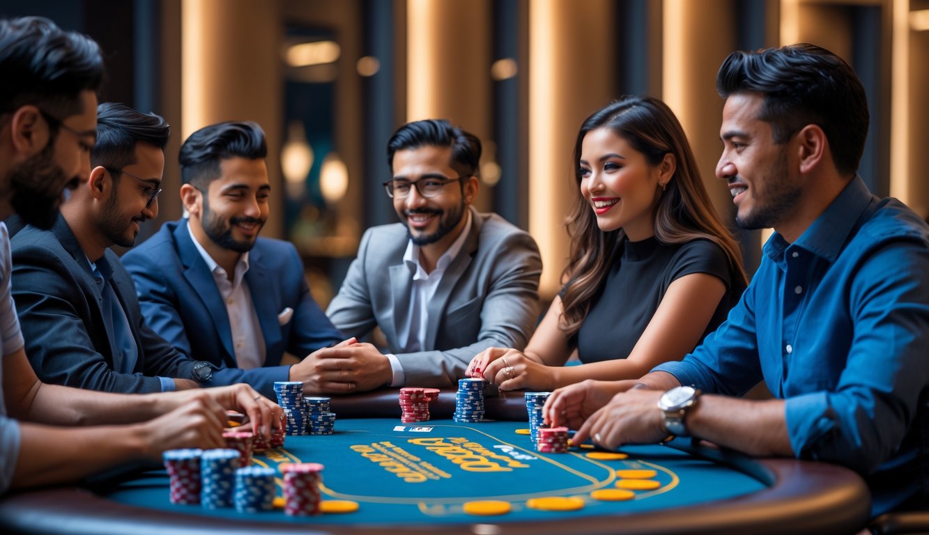 Meja poker dengan chip dan kartu, beberapa pemain sedang bermain poker dengan serius.