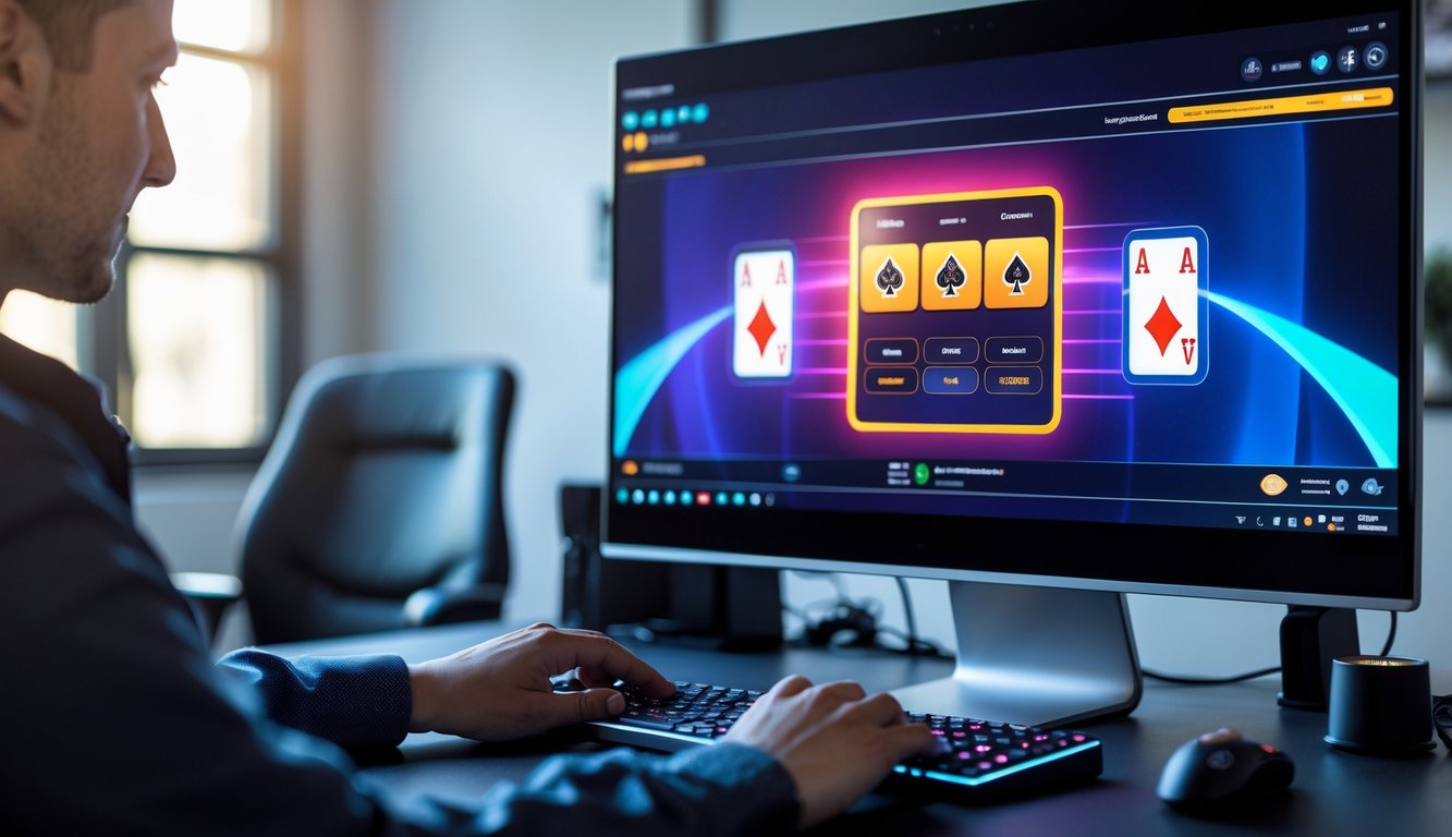 Seorang pemain sedang bermain poker online di depan komputer dengan suasana ruangan yang nyaman dan modern.