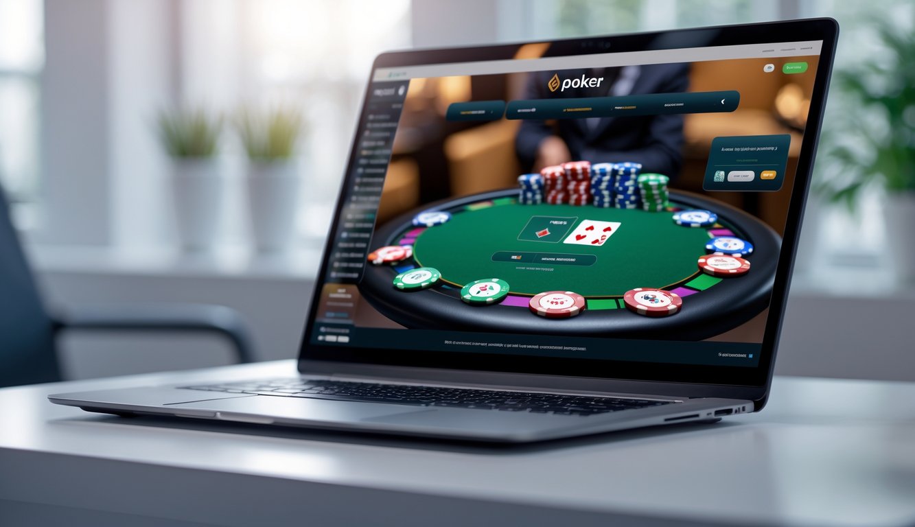 Layar laptop menampilkan permainan poker online dengan tumpukan chip dan kartu di meja digital.