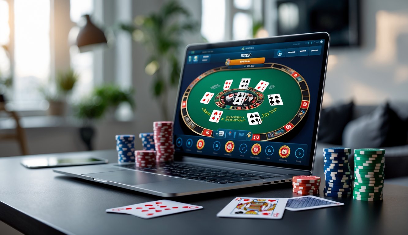 Seseorang bermain poker online menggunakan komputer di meja dengan chip poker dan kartu remi.
