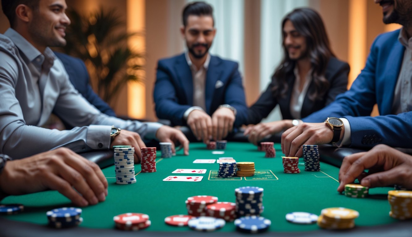 Meja poker dengan chip dan kartu yang rapi, pemain yang fokus dan suasana ruangan yang hangat.
