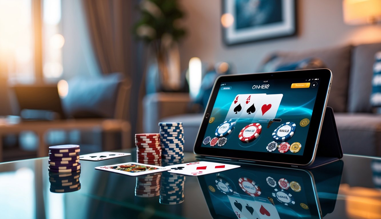 Meja poker modern dengan chip poker, kartu, dan tablet digital yang menampilkan permainan poker online.
