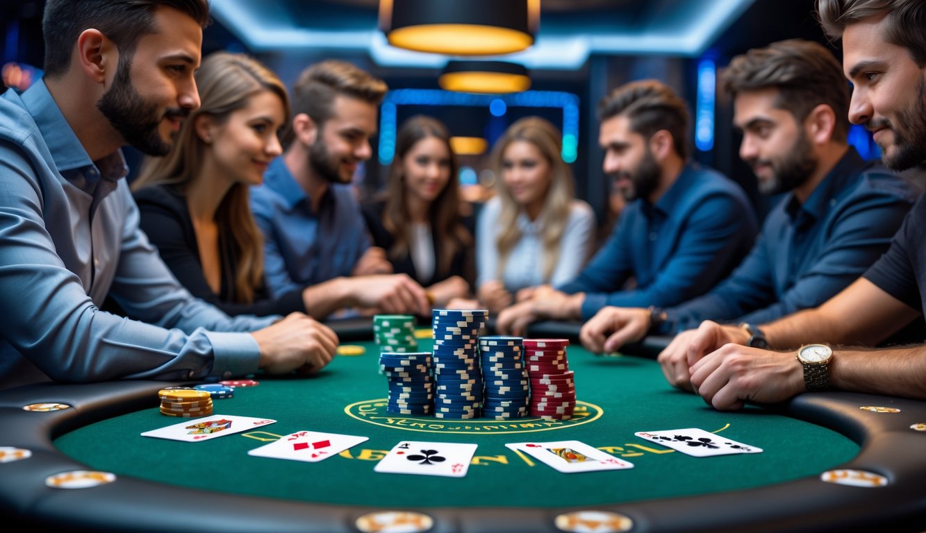 Meja poker dengan chip dan kartu, dikelilingi oleh beberapa pemain yang fokus bermain poker.