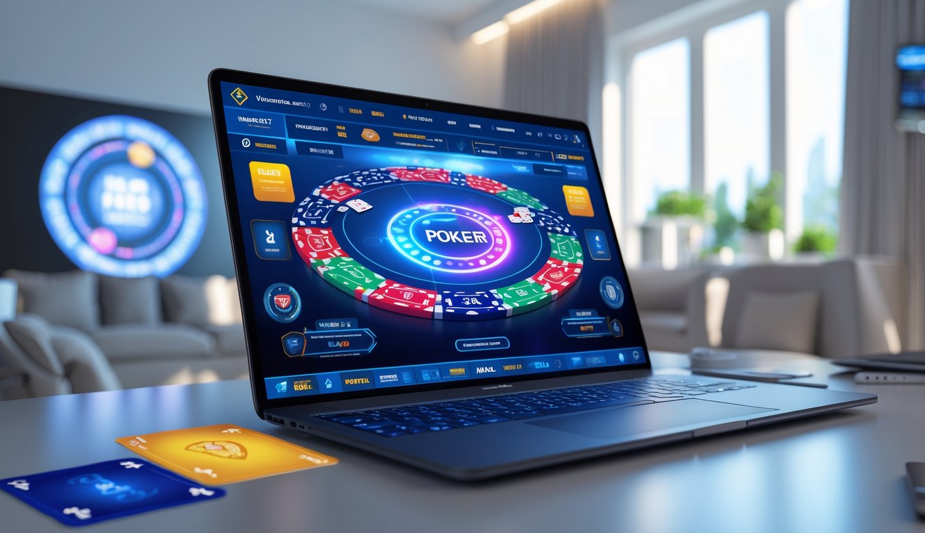 Seorang pemain poker online menggunakan laptop di meja dengan chip poker dan kartu, di ruangan rumah yang terang dan modern.