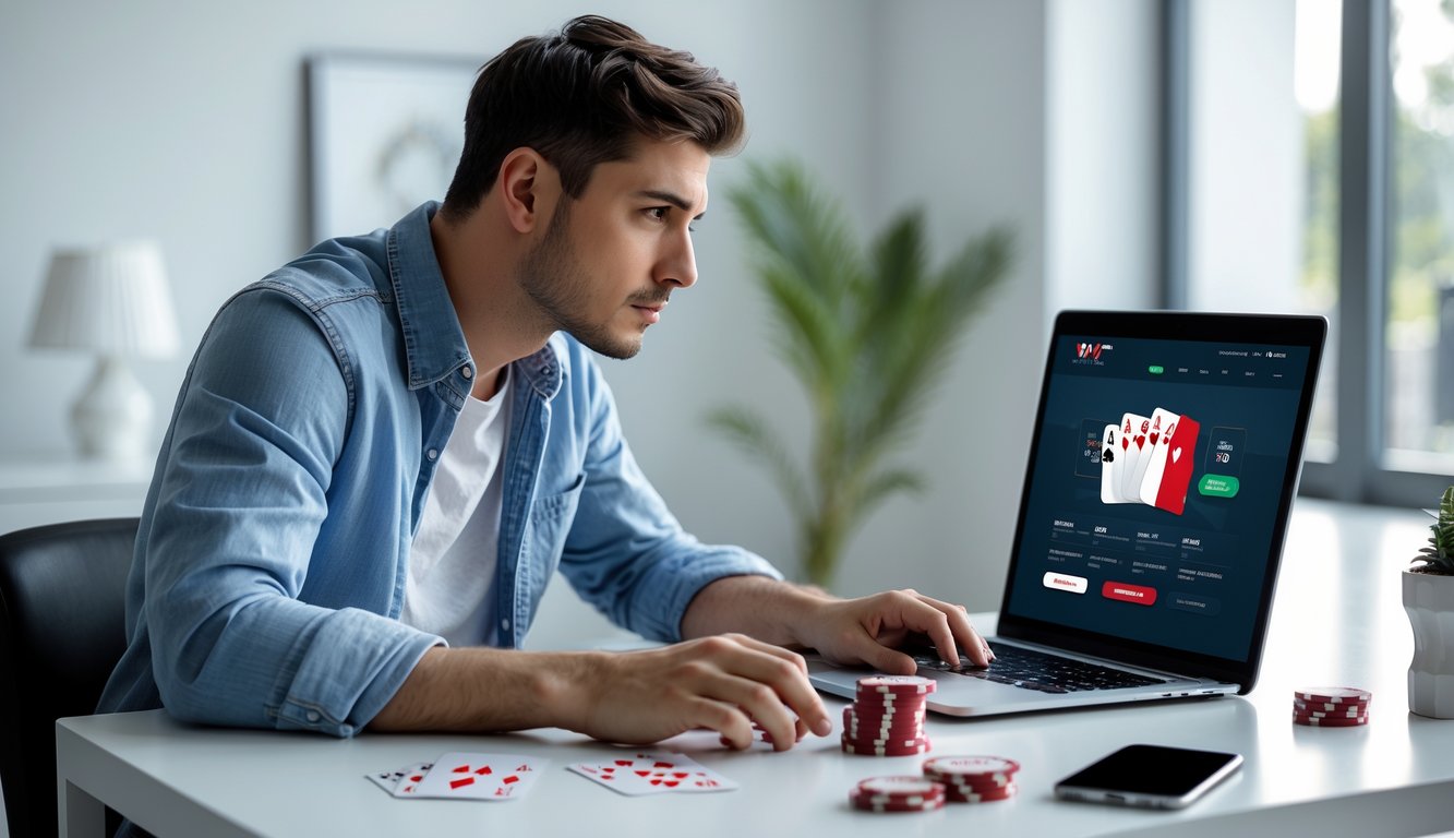 Seorang pria muda duduk di meja dengan laptop, melihat layar yang menampilkan situs poker online, dikelilingi kartu remi dan chip poker.