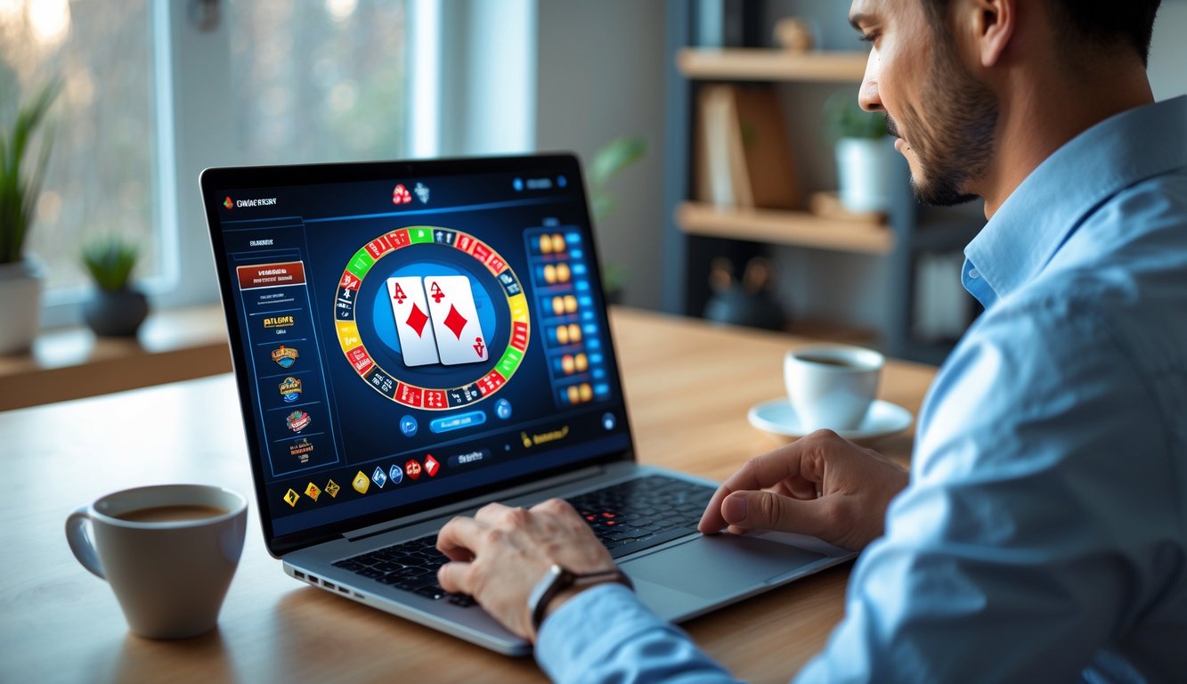 Seseorang bermain poker online di laptop di ruang kerja rumah yang rapi dan terang.