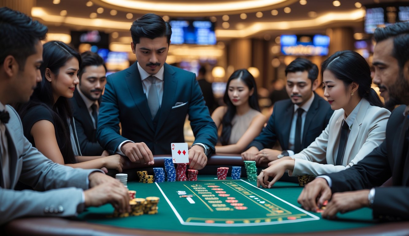 Meja poker dengan pemain yang sedang bermain kartu di lingkungan kasino yang mewah.