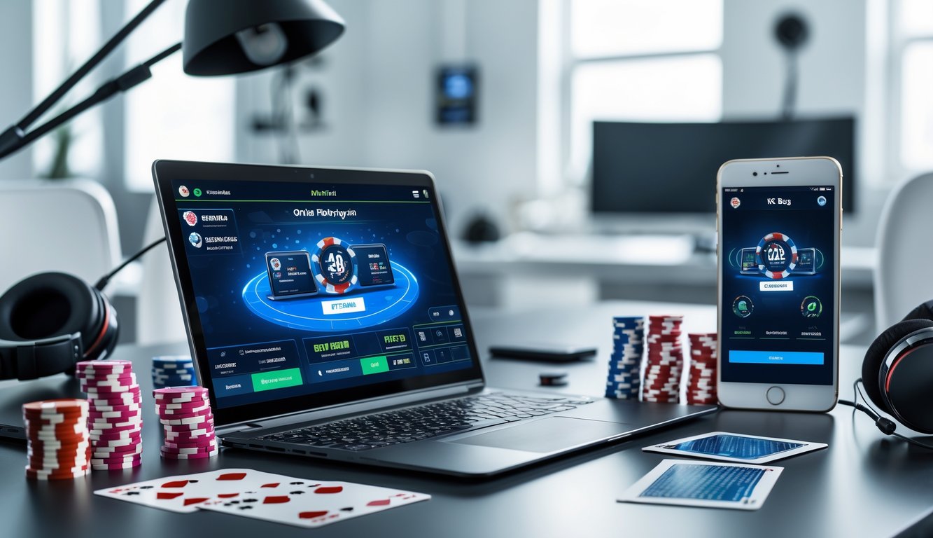 Seorang agen poker online bekerja di depan laptop dengan chip poker dan kartu bermain di meja.