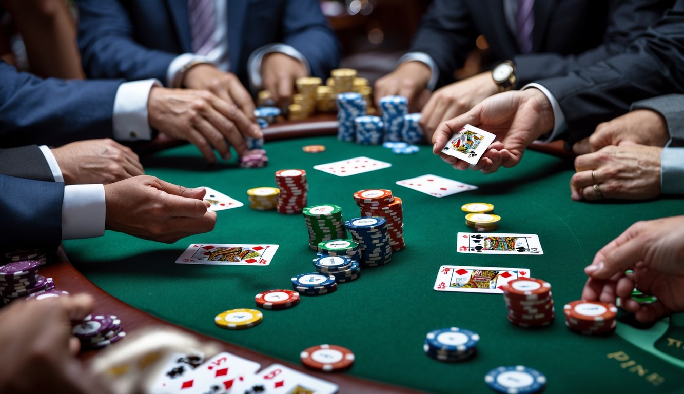 Meja poker dengan chip dan kartu sedang dimainkan oleh beberapa pemain.