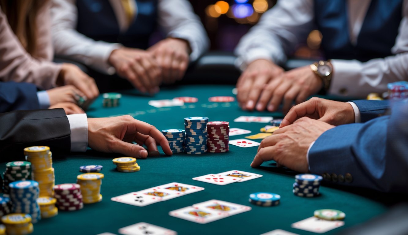 Meja poker dengan chip dan kartu yang sedang dimainkan di kasino.