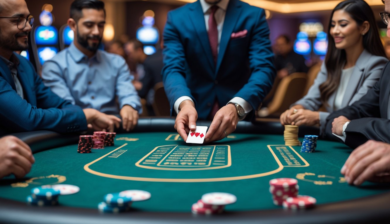 Meja poker dengan pemain yang sedang bermain di kasino dengan suasana yang ramai dan pencahayaan hangat.