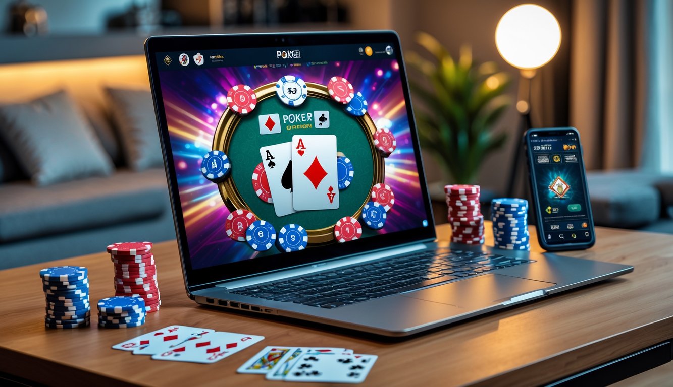 Seorang pemain poker online menggunakan laptop dengan kartu dan chip poker di meja.