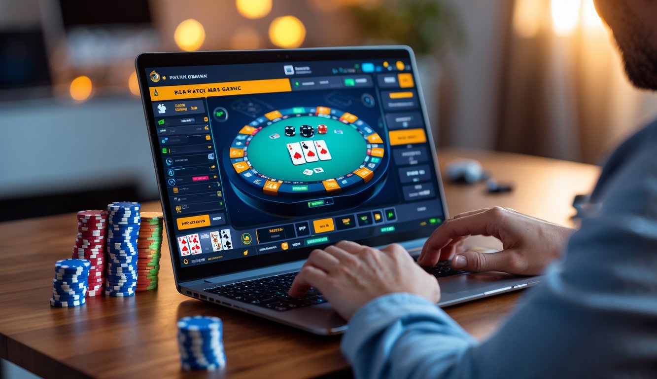 Seseorang bermain poker online di laptop di atas meja kayu dengan tumpukan chip poker di sampingnya.