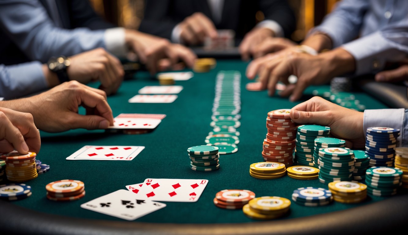 Meja poker dengan chip dan kartu, tangan pemain sedang bermain.
