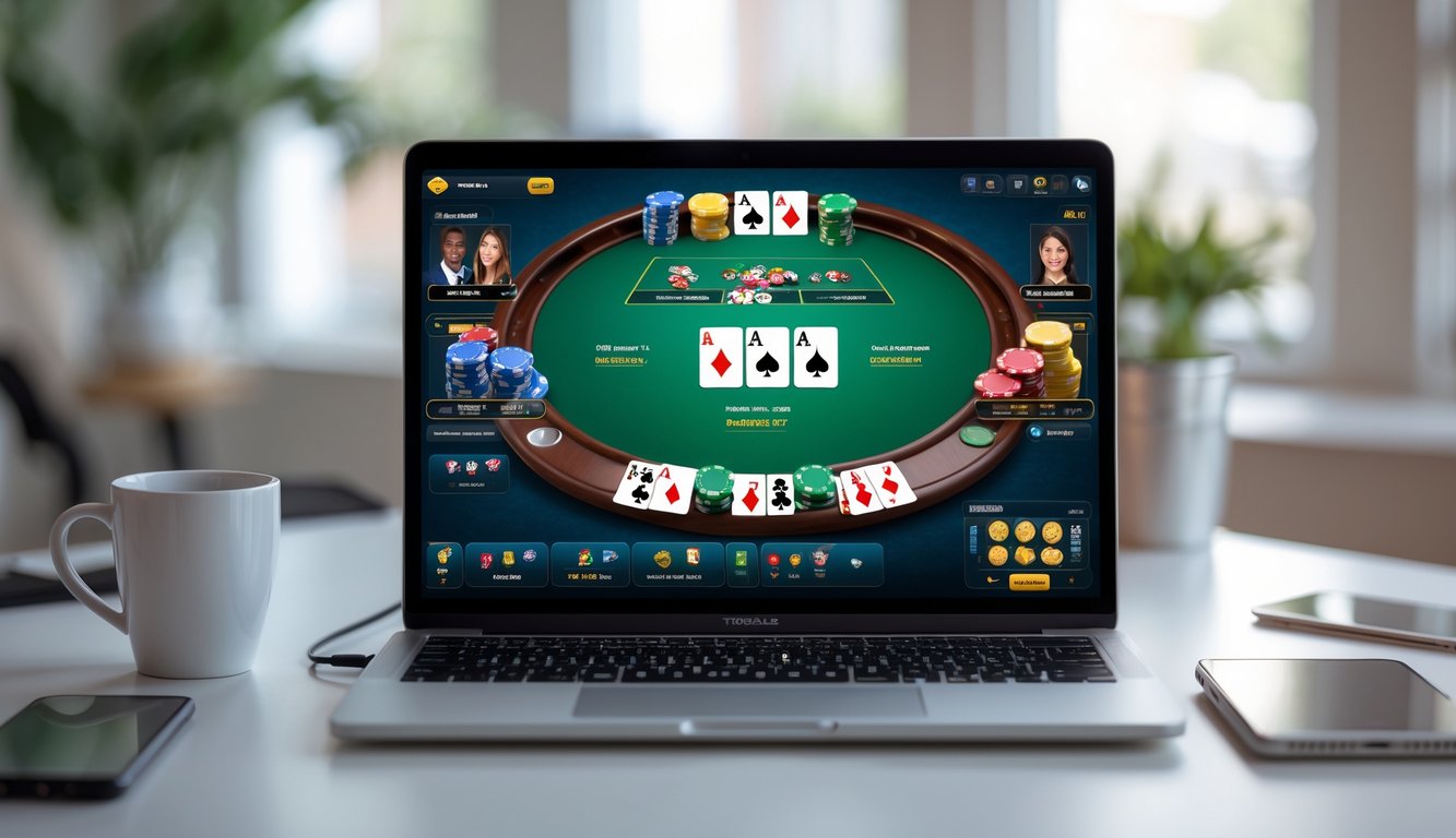 Layar komputer menampilkan permainan poker Texas Hold'em online dengan kartu dan chip di meja virtual.