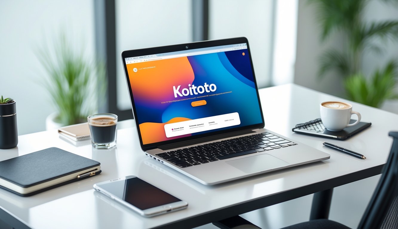 Meja kerja modern dengan laptop yang menampilkan antarmuka platform online, dikelilingi oleh alat tulis dan cangkir kopi di ruangan kantor yang terang.