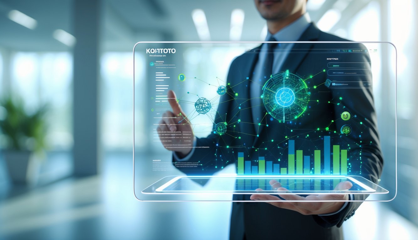 Seorang profesional bisnis menggunakan panel sentuh transparan dengan tampilan antarmuka digital futuristik di kantor modern.