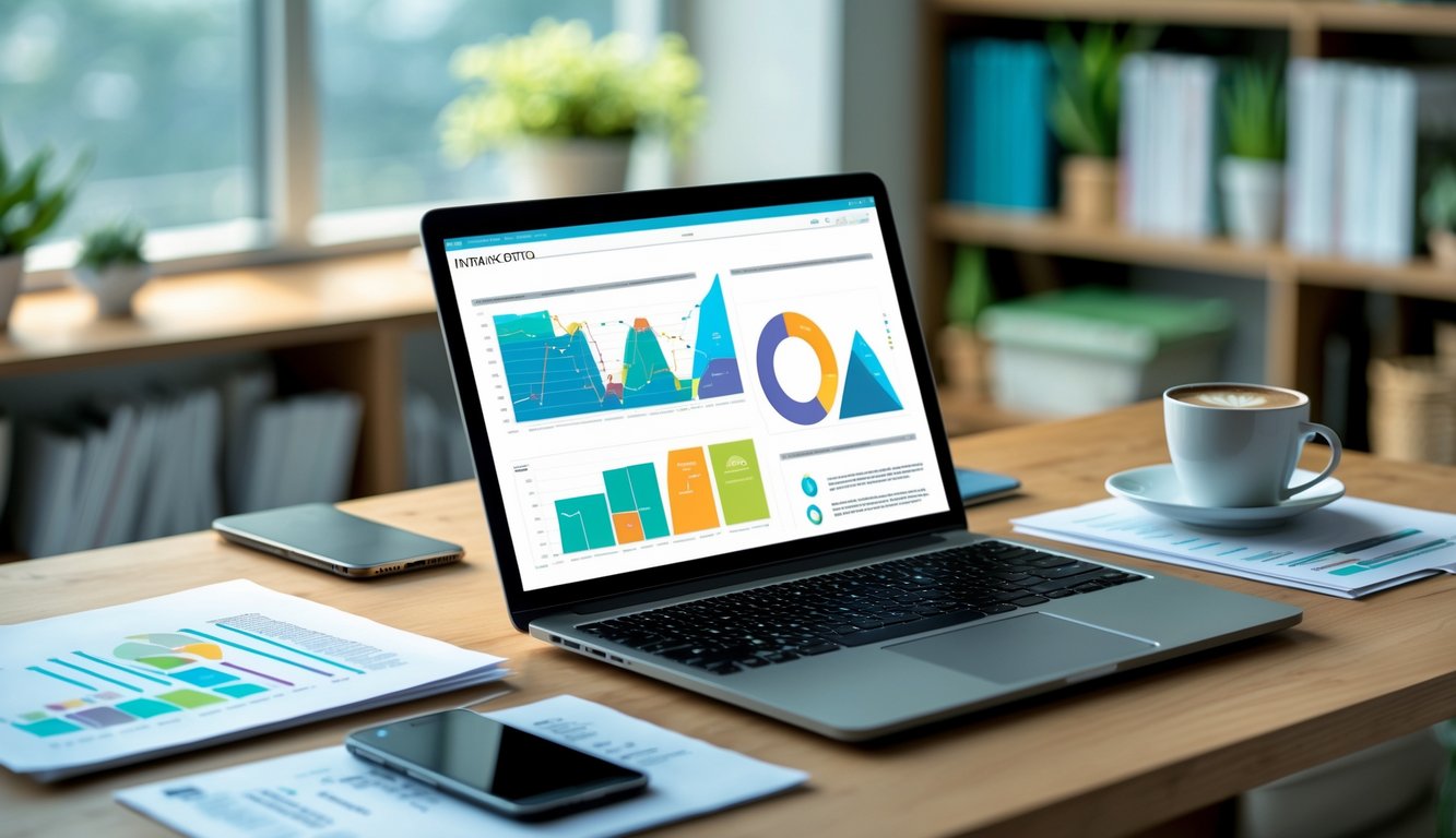 Meja kerja modern dengan laptop menampilkan grafik dan data, dokumen tertata rapi, dan cangkir kopi di atasnya.