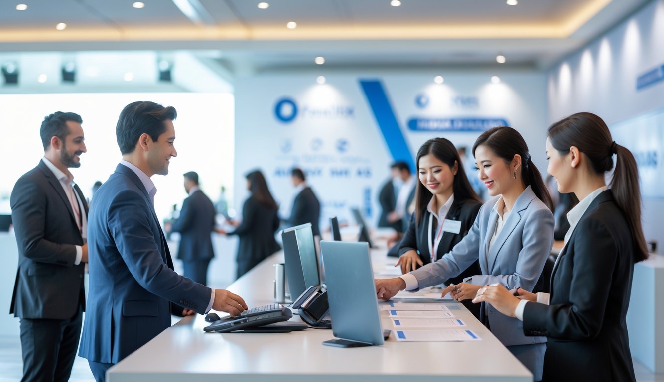 Meja registrasi di acara profesional dengan staf yang membantu peserta mendaftar.