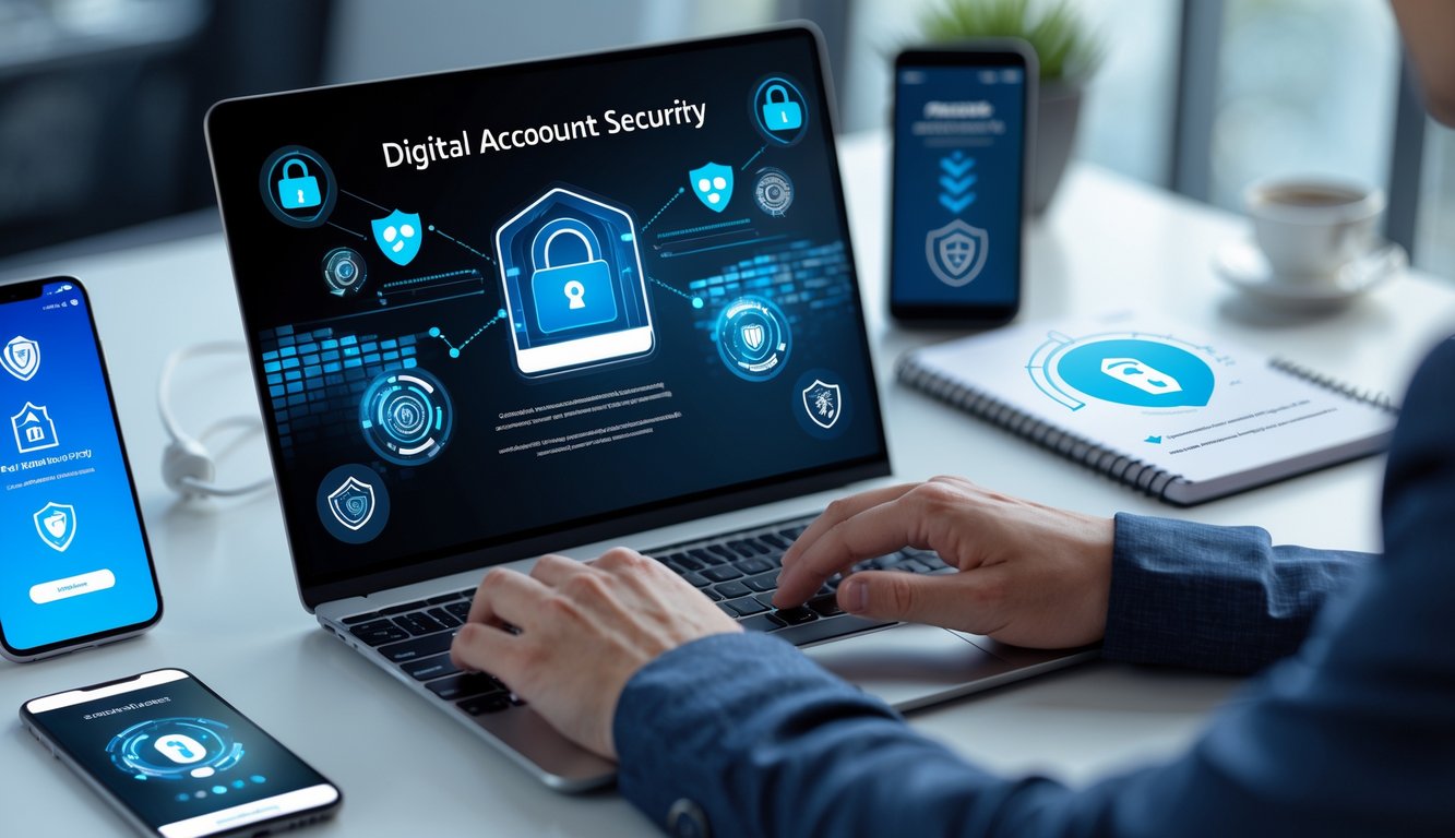 Seseorang sedang menggunakan laptop dengan ikon keamanan digital di layar, di meja kerja terdapat ponsel dan buku catatan.