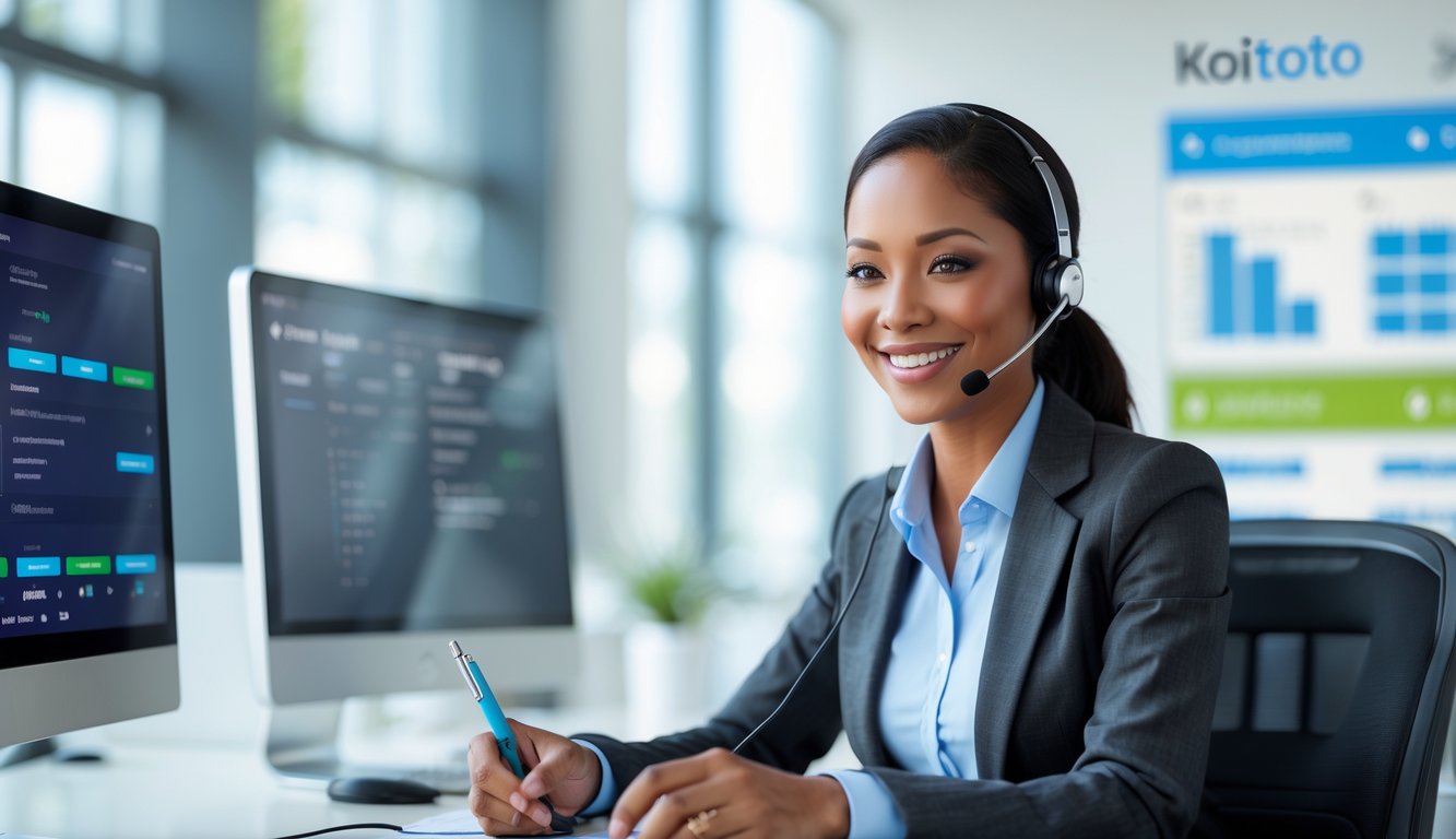 Seorang petugas layanan pelanggan yang ramah sedang berbicara menggunakan headset di kantor modern dengan komputer dan layar di meja.