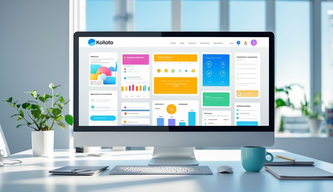 Sebuah monitor komputer menampilkan antarmuka situs dengan ikon dan menu di sebuah meja kerja yang rapi di kantor terang.