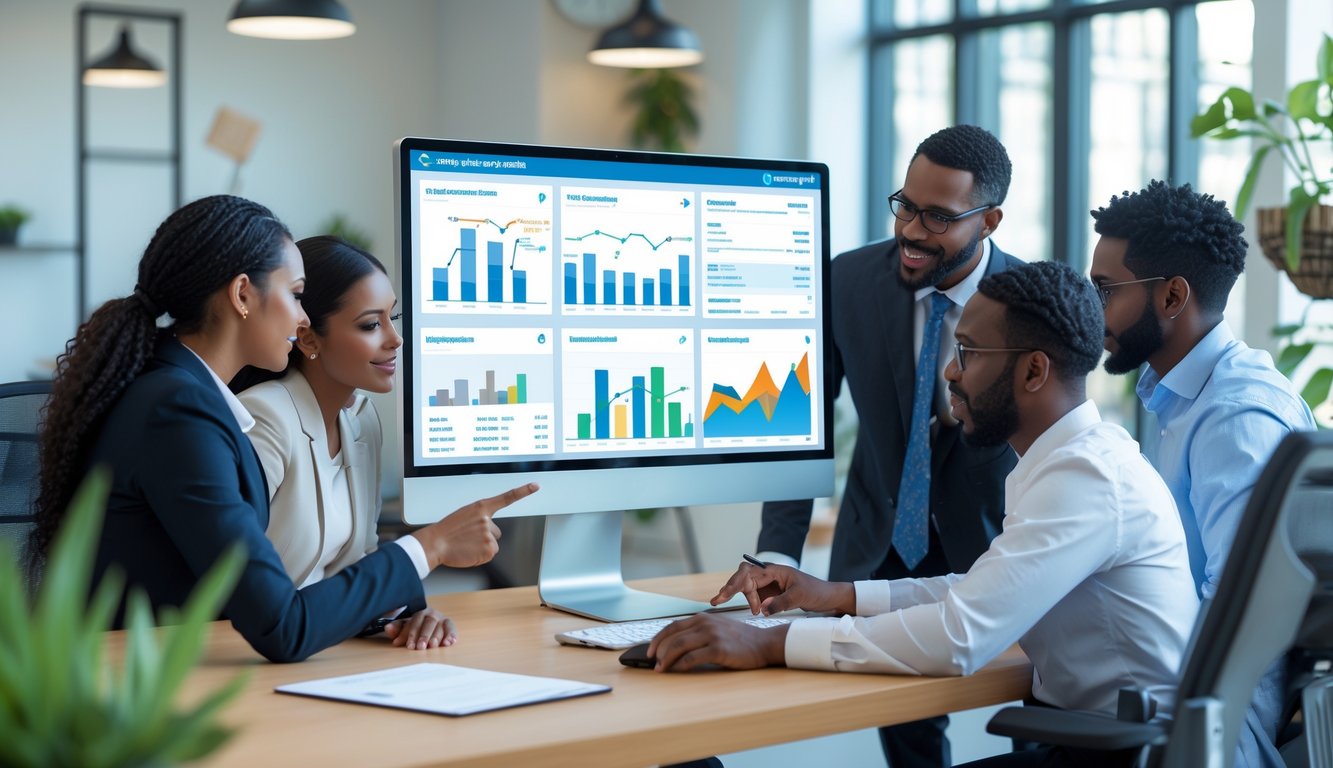 Orang-orang bekerja bersama di kantor dengan layar komputer menampilkan sistem transaksi digital.