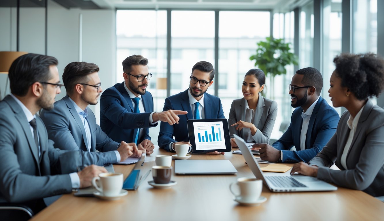 Sekelompok profesional bisnis sedang berdiskusi dan meninjau data di ruang konferensi yang terang dengan jendela besar.