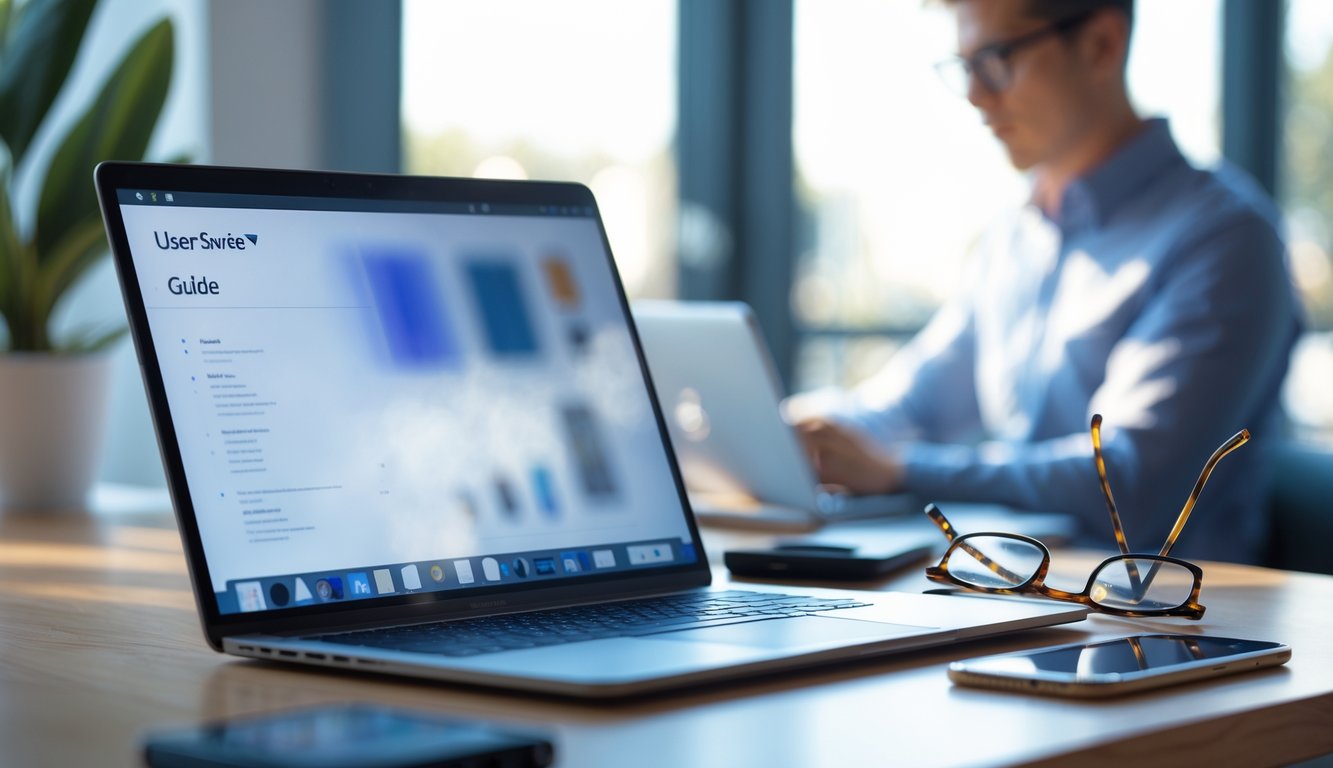 Meja kerja modern dengan laptop terbuka, ponsel, dan kacamata, serta seseorang sedang bekerja di latar belakang.