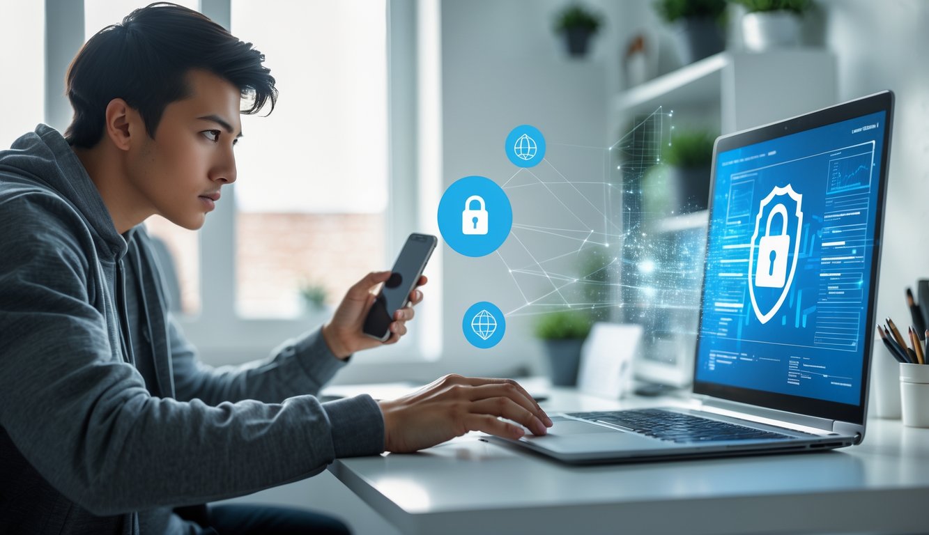 Seorang dewasa muda duduk di meja dengan laptop dan ponsel, terlihat berhati-hati saat memeriksa transaksi online.