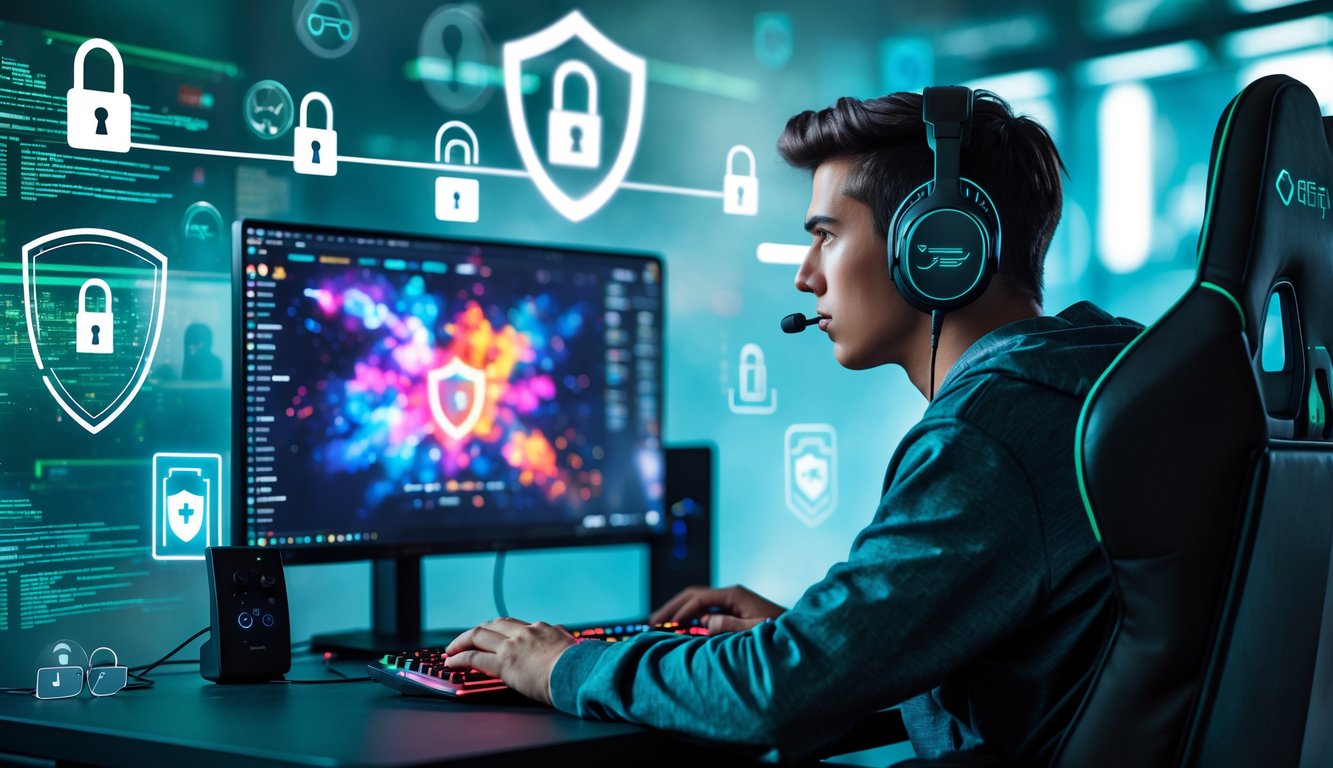 Seorang gamer muda sedang bermain game online dengan latar belakang ikon keamanan data seperti gembok dan perisai.