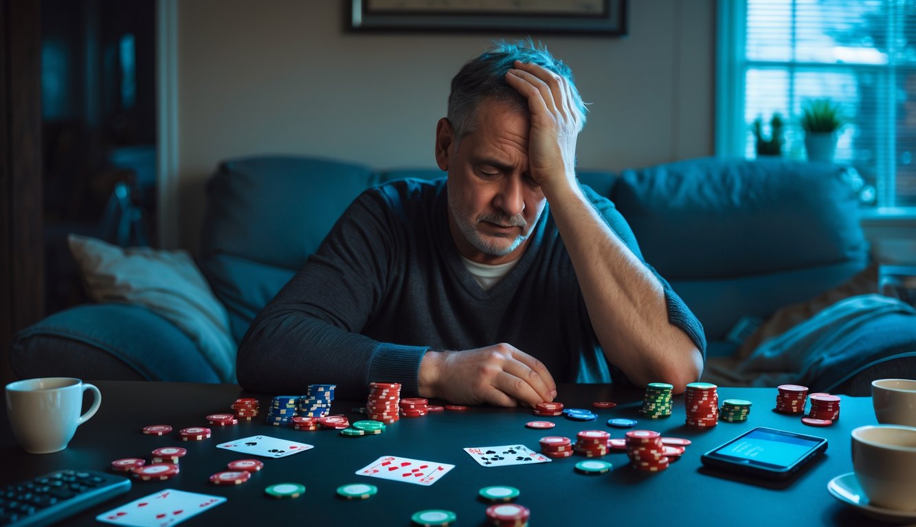 Seorang pria duduk sendiri di meja dengan chip poker dan kartu, tampak stres dan putus asa di ruang tamu yang remang-remang.