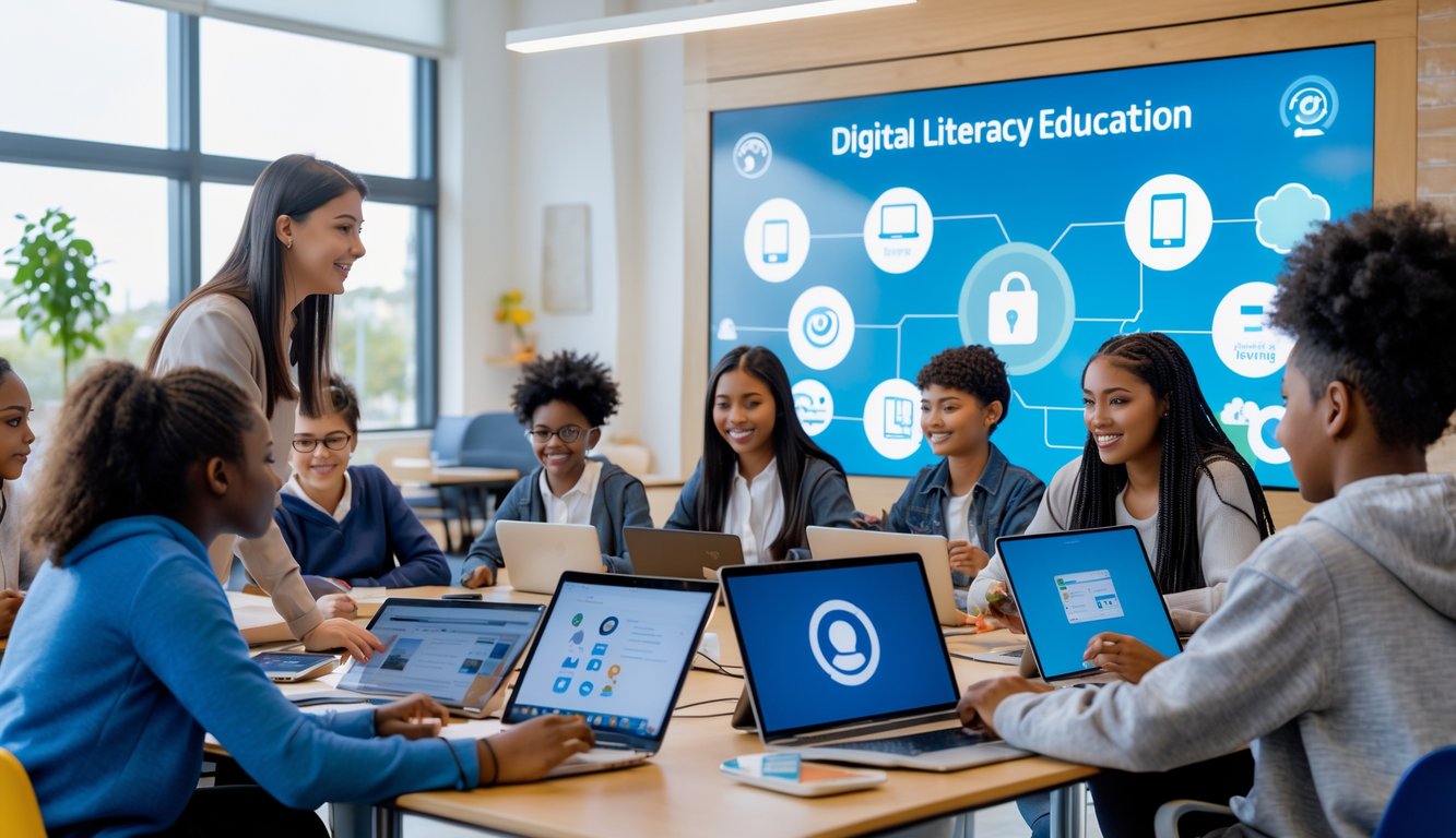 Sekelompok remaja dan dewasa muda belajar literasi digital bersama di ruang kelas modern dengan perangkat digital.