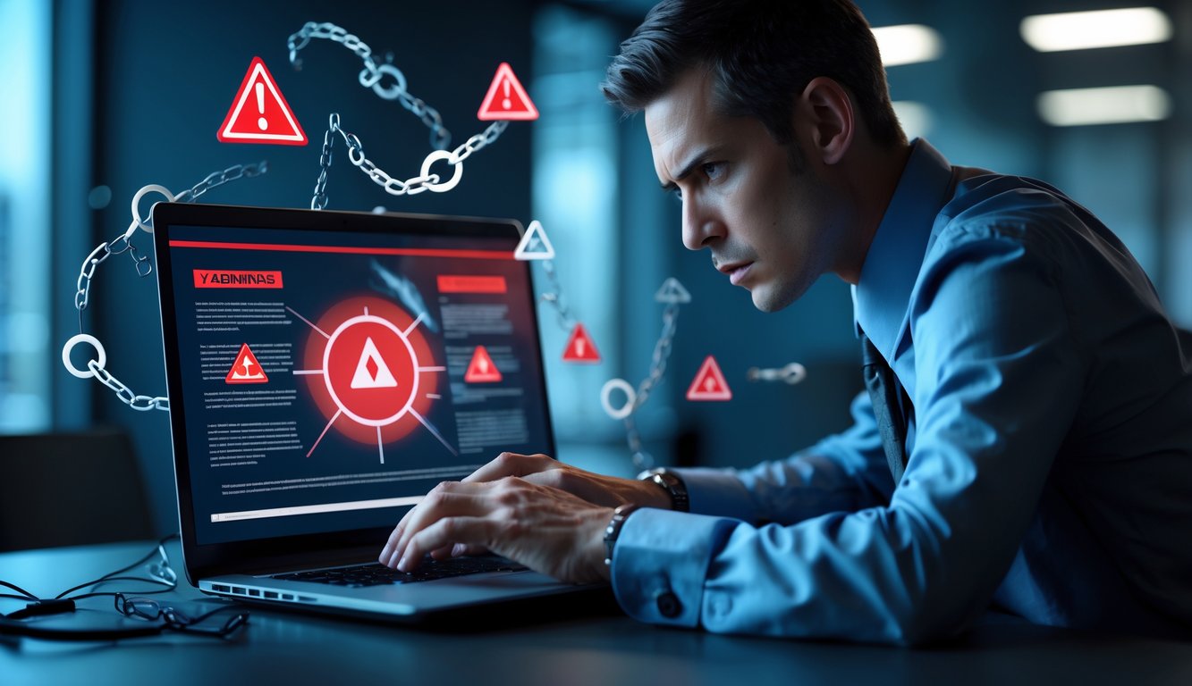 Seseorang duduk di depan laptop dengan ekspresi serius, layar menampilkan simbol peringatan dan ikon bahaya, menggambarkan risiko situs ilegal.